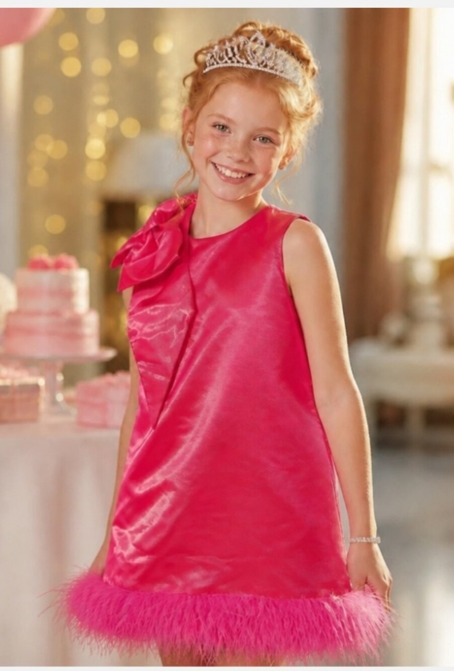 Girls' Hot Pink Satin Feather-Hem Party Dress with Bow